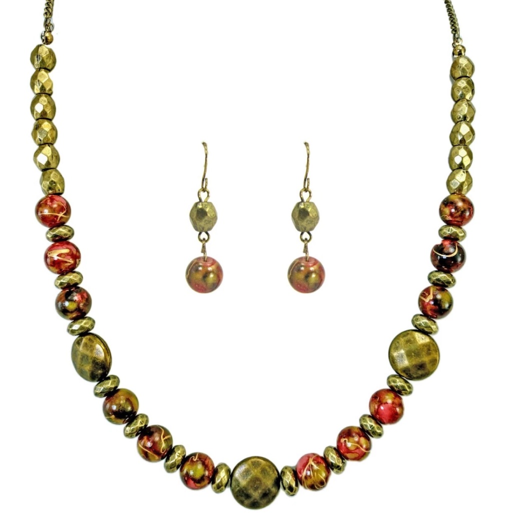 Red And Gold Glass Beaded Necklace And Earrings With Antique Finish Metal Beads